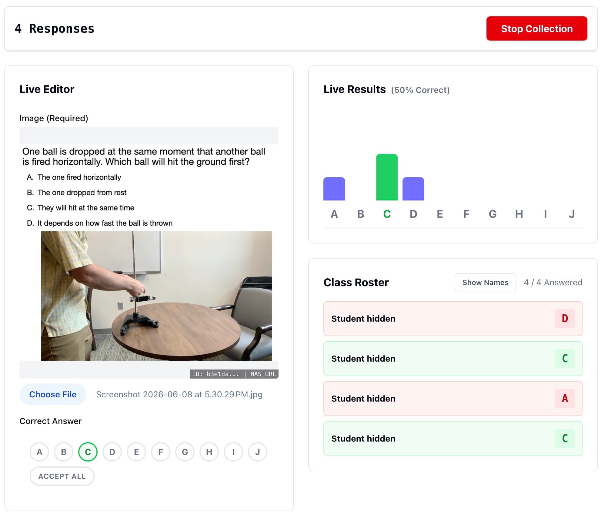 Instructor view showing a live question, response chart, and class roster
