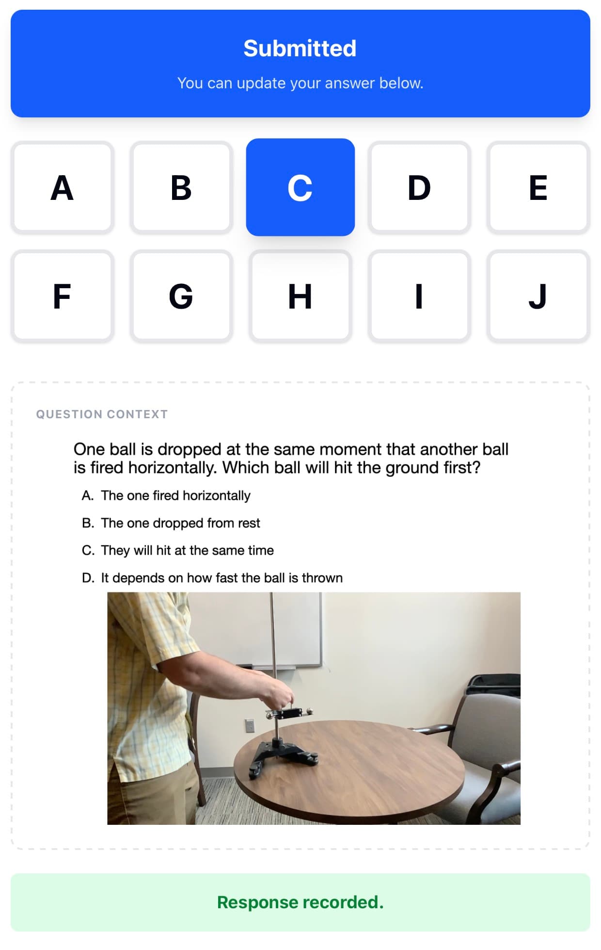 Student view confirming a submitted response
